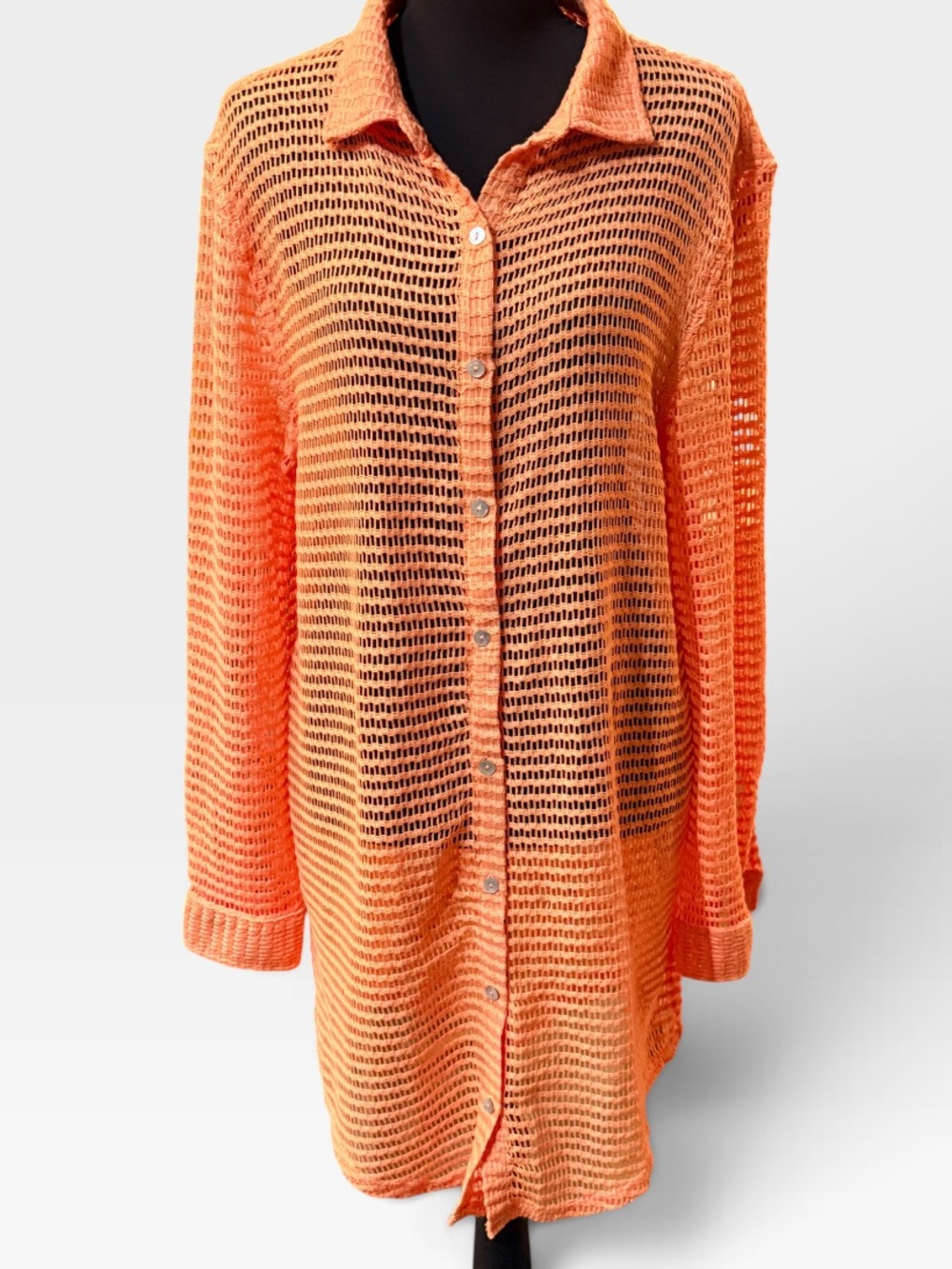 Haute Hippie Orange Open Crochet Knit Button-Up Tunic/Swim Cover-Up. Size M